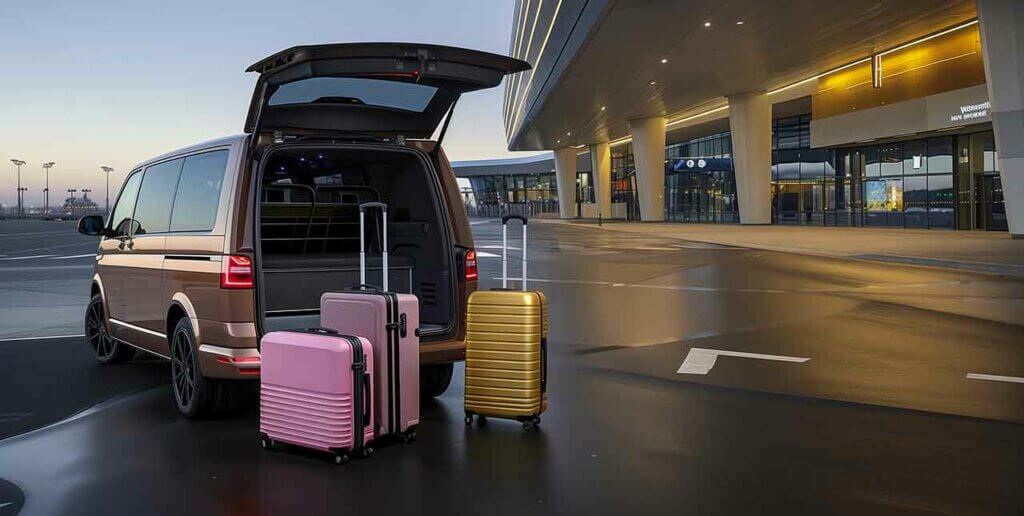 Minivan with suitcases and luggage in the background, airport sh